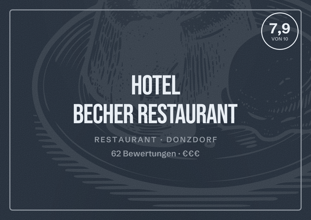 Illustriertes Poster von Hotel Becher Restaurant, Restaurant in Donzdorf: Bewertung 7,9 von 10 aus 62 Bewertungen, Preisniveau €€€