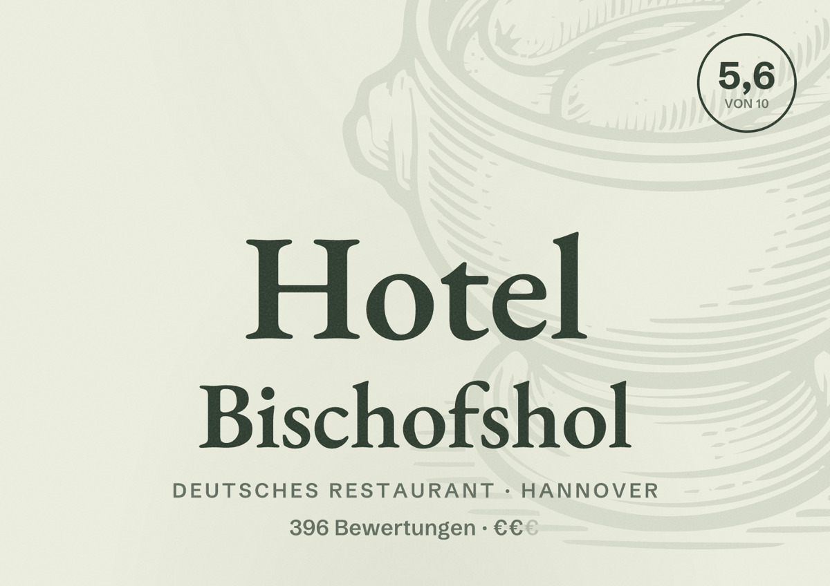 Illustriertes Poster von Hotel Bischofshol, Deutsches Restaurant in Hannover: Bewertung 5,6 von 10 aus 396 Bewertungen, Preisniveau €€