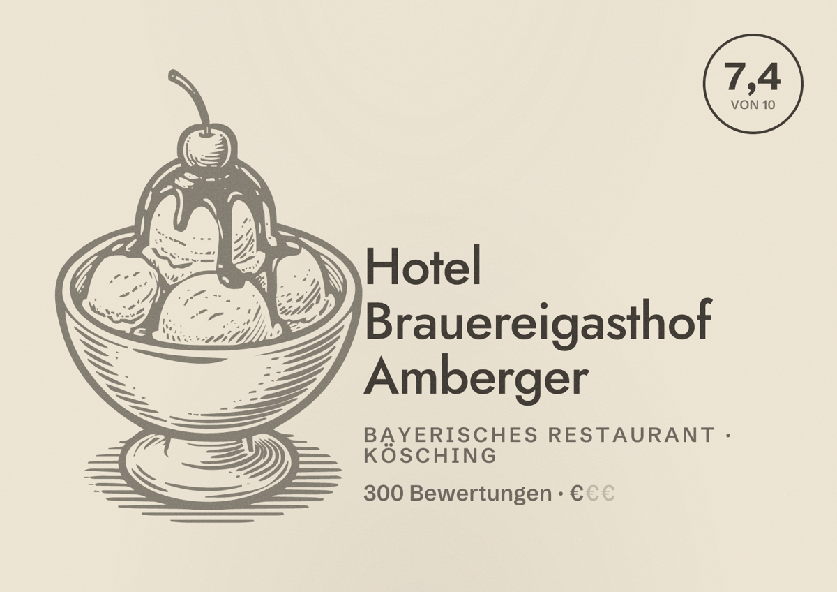Illustriertes Poster von Hotel Brauereigasthof Amberger, Bayerisches Restaurant in Kösching: Bewertung 7,4 von 10 aus 300 Bewertungen, Preisniveau €