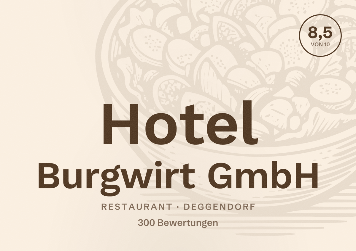 Illustriertes Poster von Hotel Burgwirt GmbH, Restaurant in Deggendorf: Bewertung 8,5 von 10 aus 300 Bewertungen