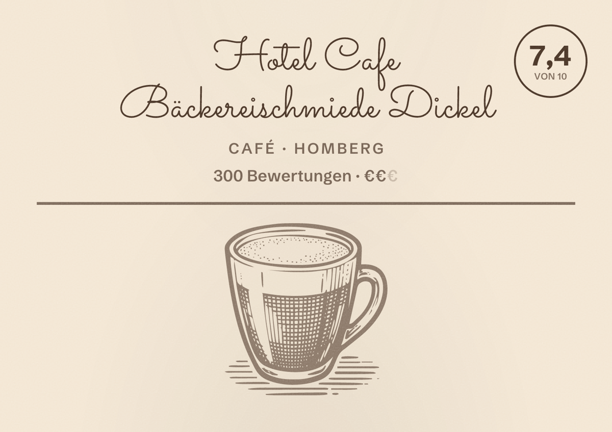 Illustriertes Poster von Hotel Cafe Bäckereischmiede Dickel, Café in Homberg: Bewertung 7,4 von 10 aus 300 Bewertungen, Preisniveau €€