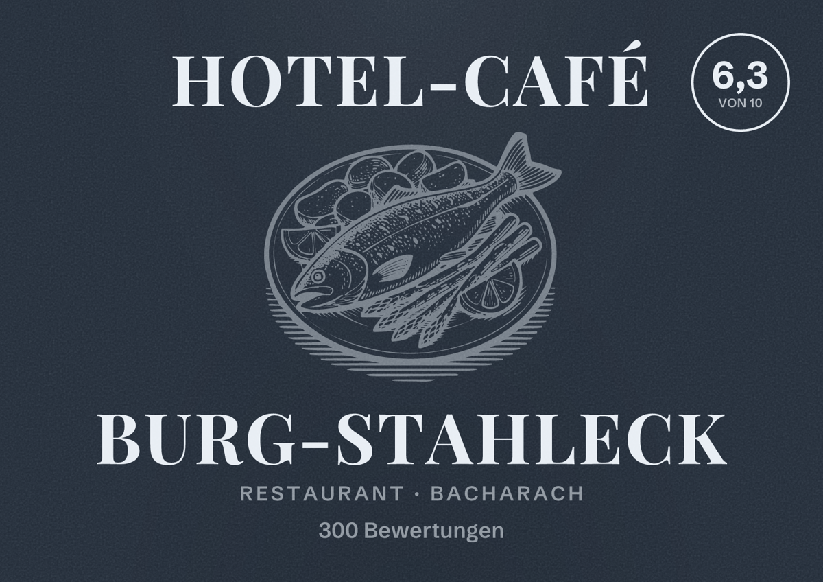 Illustriertes Poster von Hotel-Café Burg-Stahleck, Restaurant in Bacharach: Bewertung 6,3 von 10 aus 300 Bewertungen