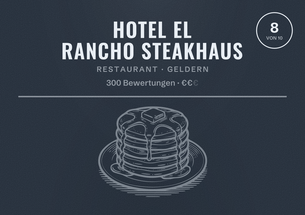 Illustriertes Poster von Hotel El Rancho Steakhaus, Restaurant in Geldern: Bewertung 8 von 10 aus 300 Bewertungen, Preisniveau €€