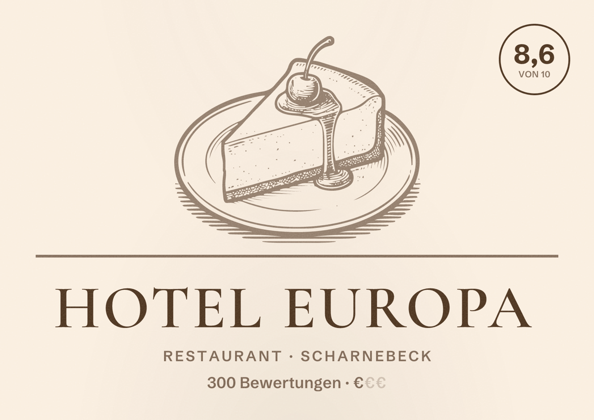 Illustriertes Poster von Hotel Europa, Restaurant in Scharnebeck: Bewertung 8,6 von 10 aus 300 Bewertungen, Preisniveau €