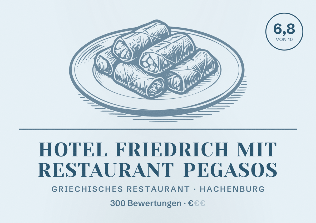 Illustriertes Poster von Hotel Friedrich mit Restaurant Pegasos, Griechisches Restaurant in Hachenburg: Bewertung 6,8 von 10 aus 300 Bewertungen, Preisniveau €