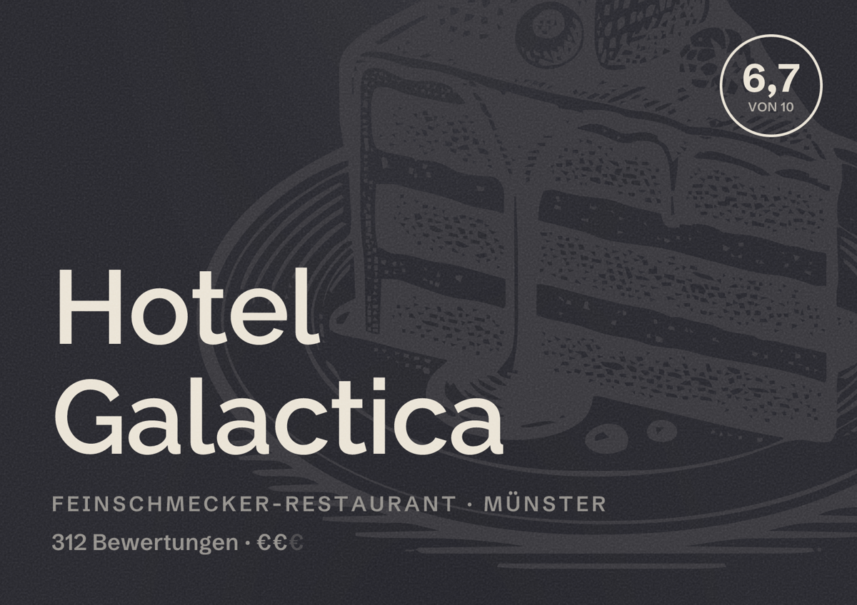 Illustriertes Poster von Hotel Galactica, Feinschmecker-Restaurant in Münster: Bewertung 6,7 von 10 aus 312 Bewertungen, Preisniveau €€