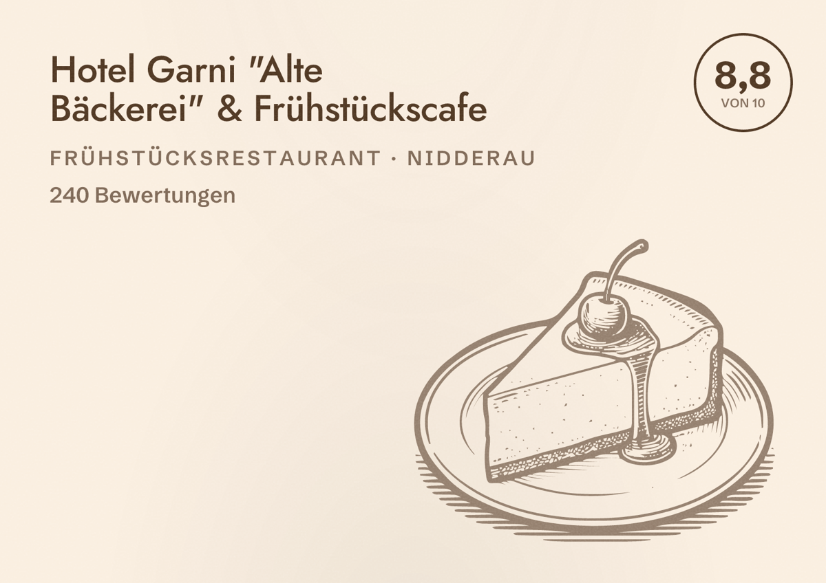Illustriertes Poster von Hotel Garni "Alte Bäckerei" & Frühstückscafe, Frühstücksrestaurant in Nidderau: Bewertung 8,8 von 10 aus 240 Bewertungen