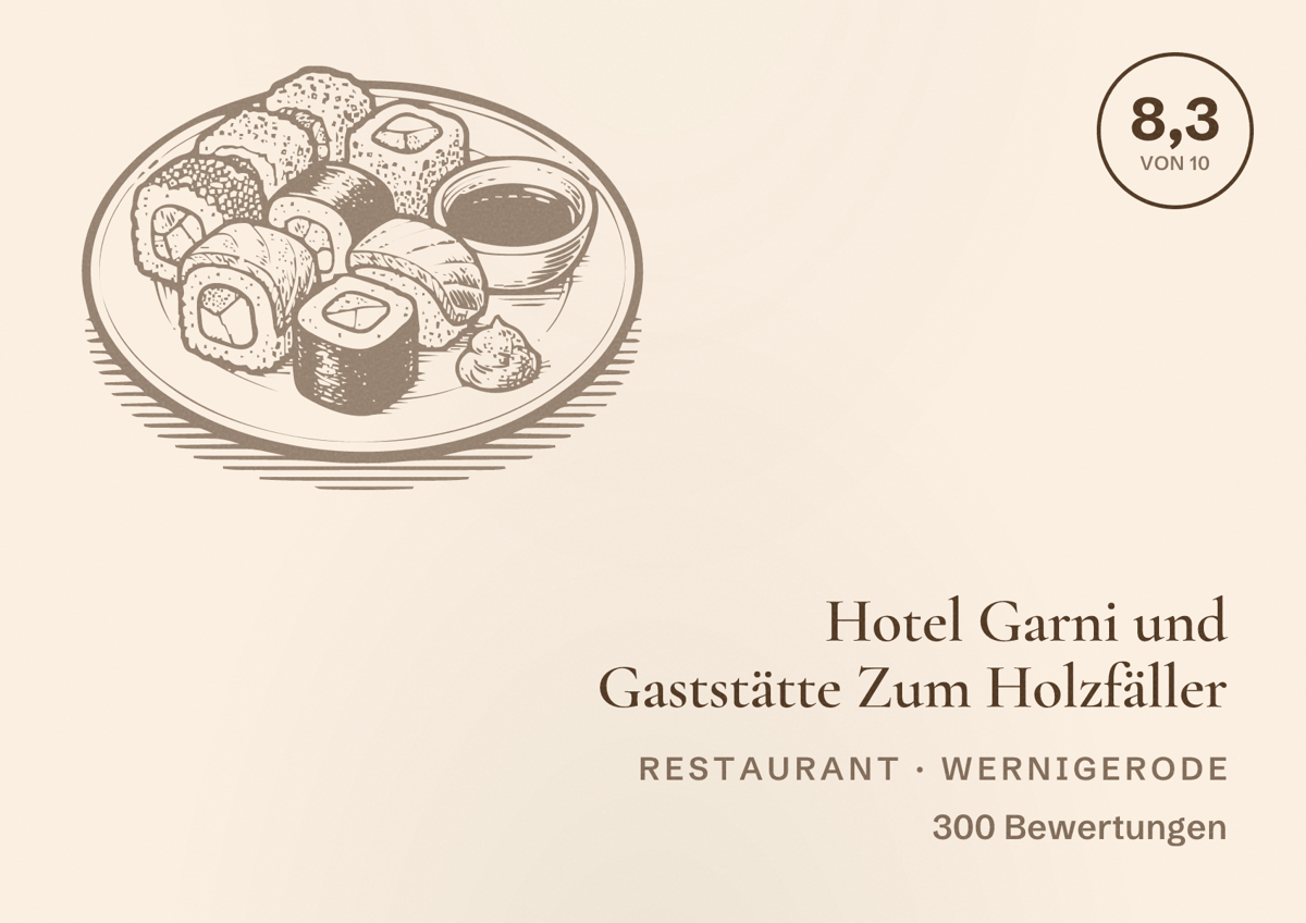 Illustriertes Poster von Hotel Garni und Gaststätte Zum Holzfäller, Restaurant in Wernigerode: Bewertung 8,3 von 10 aus 300 Bewertungen