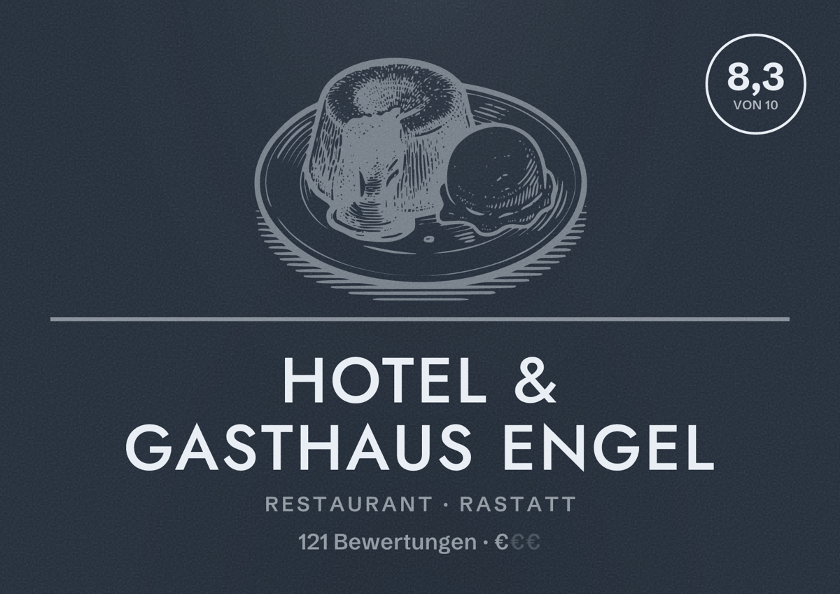 Illustriertes Poster von Hotel & Gasthaus Engel, Restaurant in Rastatt: Bewertung 8,3 von 10 aus 121 Bewertungen, Preisniveau €
