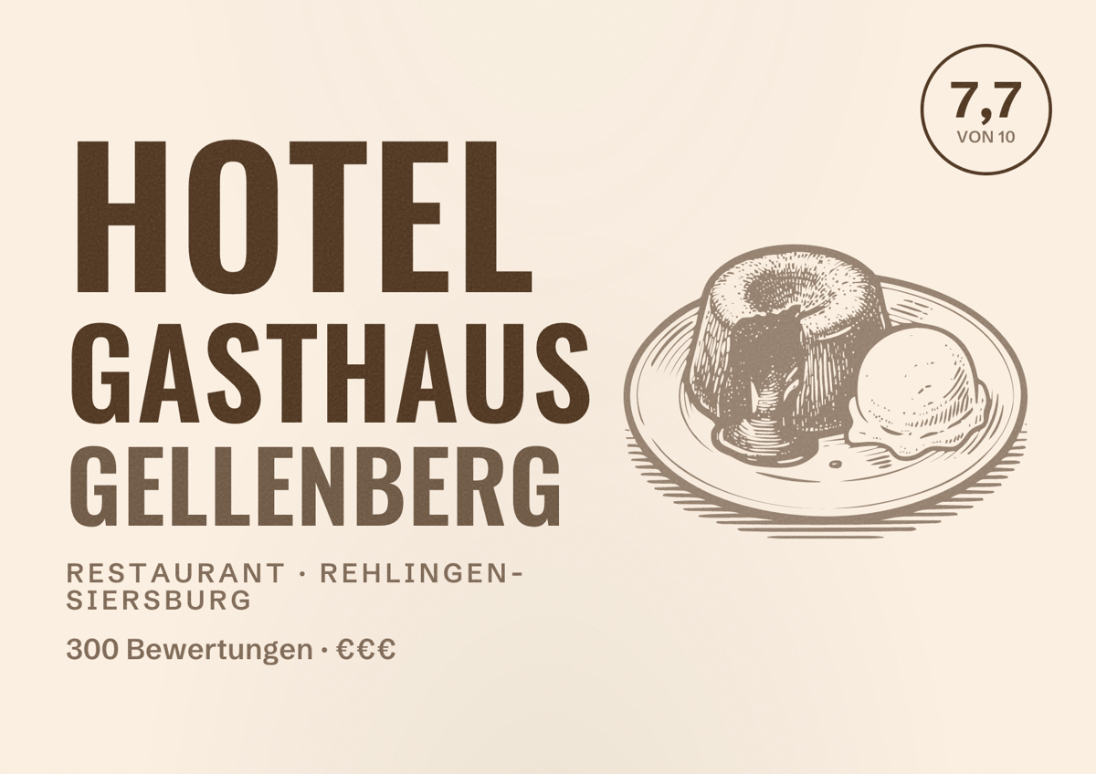 Illustriertes Poster von Hotel Gasthaus Gellenberg, Restaurant in Rehlingen-Siersburg: Bewertung 7,7 von 10 aus 300 Bewertungen, Preisniveau €€€