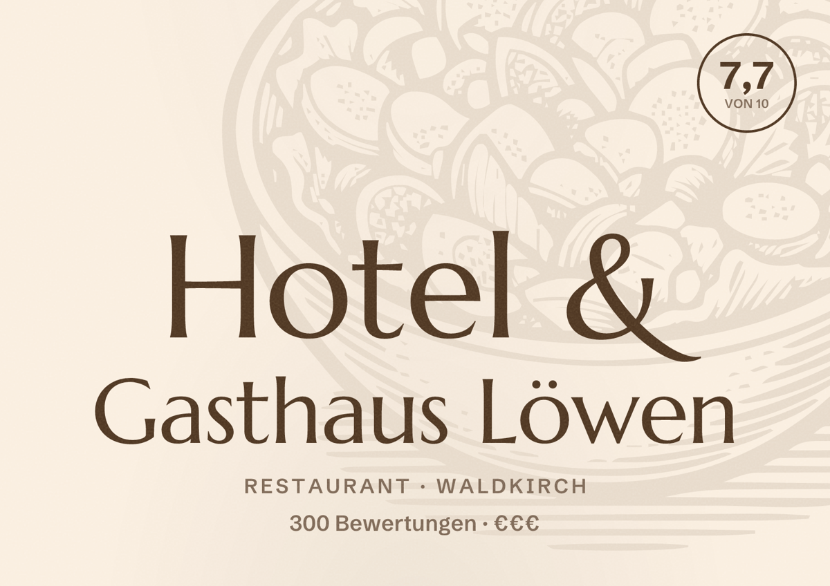 Illustriertes Poster von Hotel & Gasthaus Löwen, Restaurant in Waldkirch: Bewertung 7,7 von 10 aus 300 Bewertungen, Preisniveau €€€