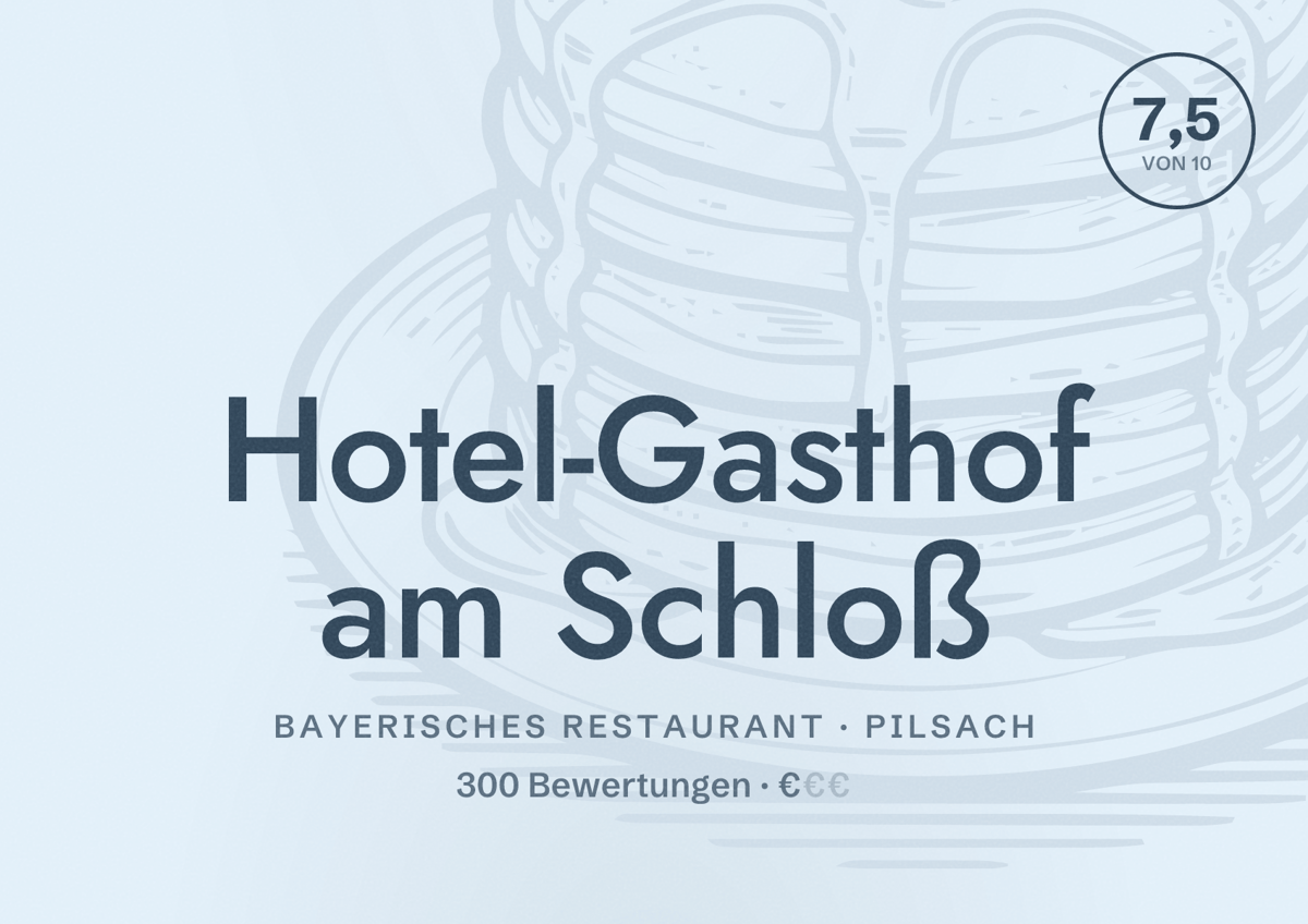 Illustriertes Poster von Hotel-Gasthof am Schloß, Bayerisches Restaurant in Pilsach: Bewertung 7,5 von 10 aus 300 Bewertungen, Preisniveau €