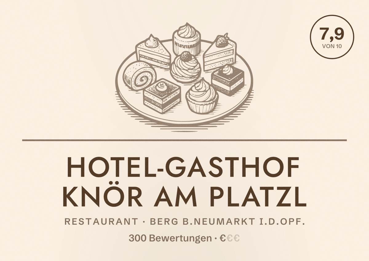 Illustriertes Poster von Hotel-Gasthof Knör am Platzl, Restaurant in Berg b.Neumarkt i.d.OPf.: Bewertung 7,9 von 10 aus 300 Bewertungen, Preisniveau €