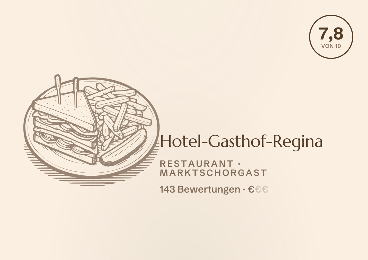 Illustriertes Poster von Hotel-Gasthof-Regina, Restaurant in Marktschorgast: Bewertung 7,8 von 10 aus 143 Bewertungen, Preisniveau €