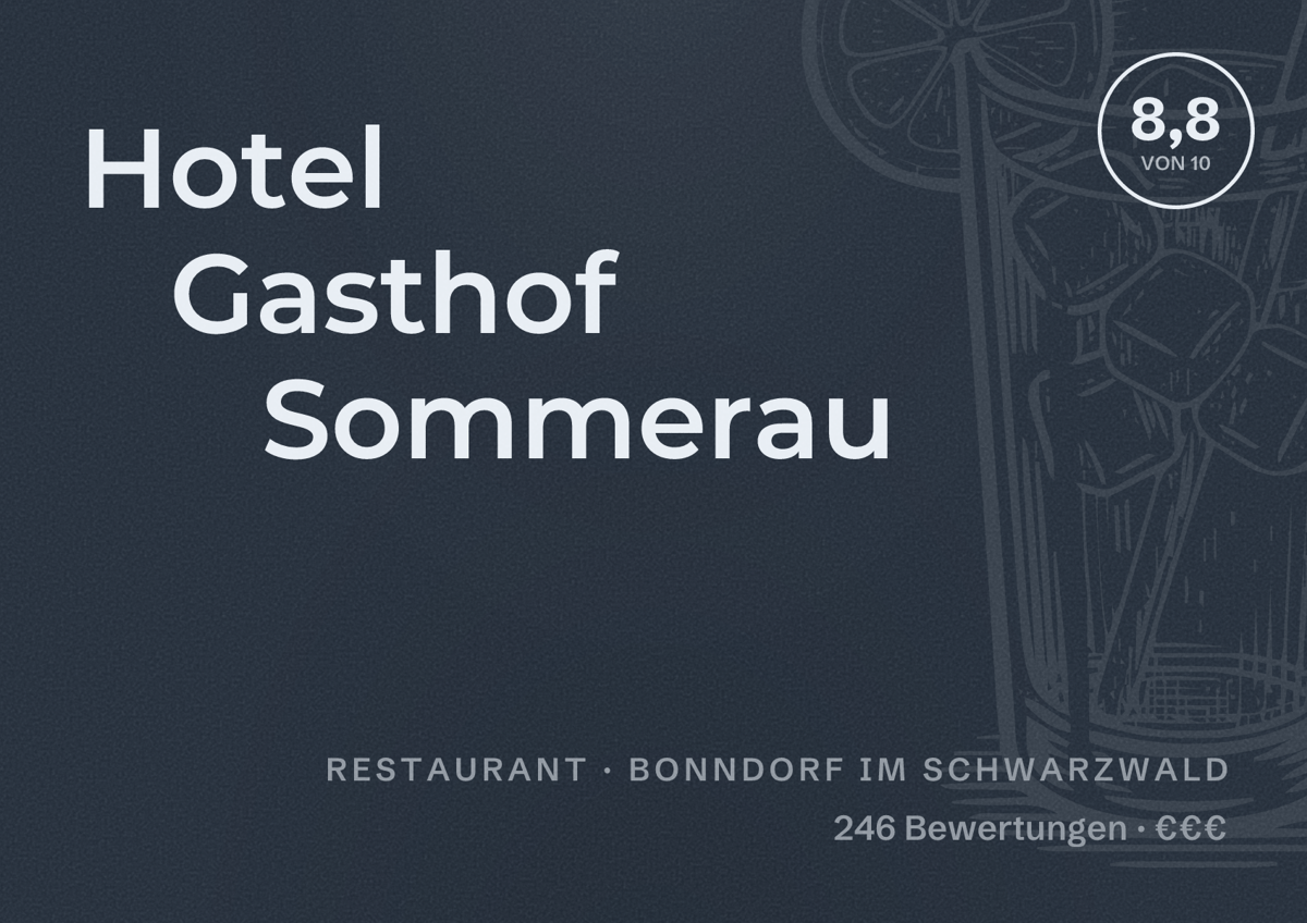 Illustriertes Poster von Hotel Gasthof Sommerau, Restaurant in Bonndorf im Schwarzwald: Bewertung 8,8 von 10 aus 246 Bewertungen, Preisniveau €€€
