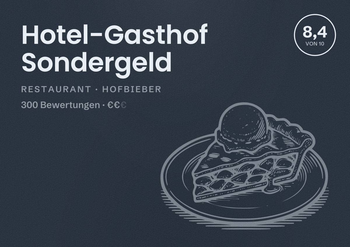 Illustriertes Poster von Hotel-Gasthof Sondergeld, Restaurant in Hofbieber: Bewertung 8,4 von 10 aus 300 Bewertungen, Preisniveau €€