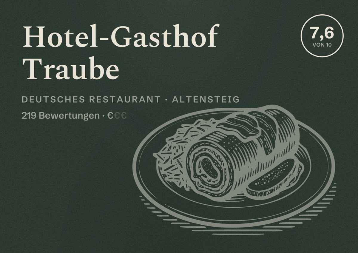 Illustriertes Poster von Hotel-Gasthof Traube, Deutsches Restaurant in Altensteig: Bewertung 7,6 von 10 aus 219 Bewertungen, Preisniveau €