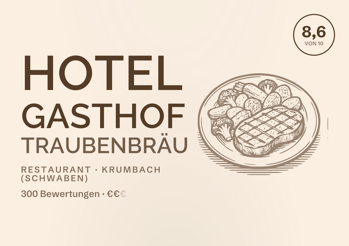 Illustriertes Poster von Hotel Gasthof Traubenbräu, Restaurant in Krumbach (Schwaben): Bewertung 8,6 von 10 aus 300 Bewertungen, Preisniveau €€