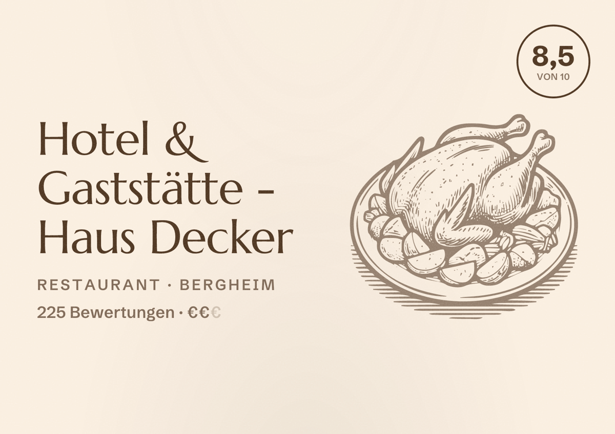 Illustriertes Poster von Hotel & Gaststätte - Haus Decker, Restaurant in Bergheim: Bewertung 8,5 von 10 aus 225 Bewertungen, Preisniveau €€