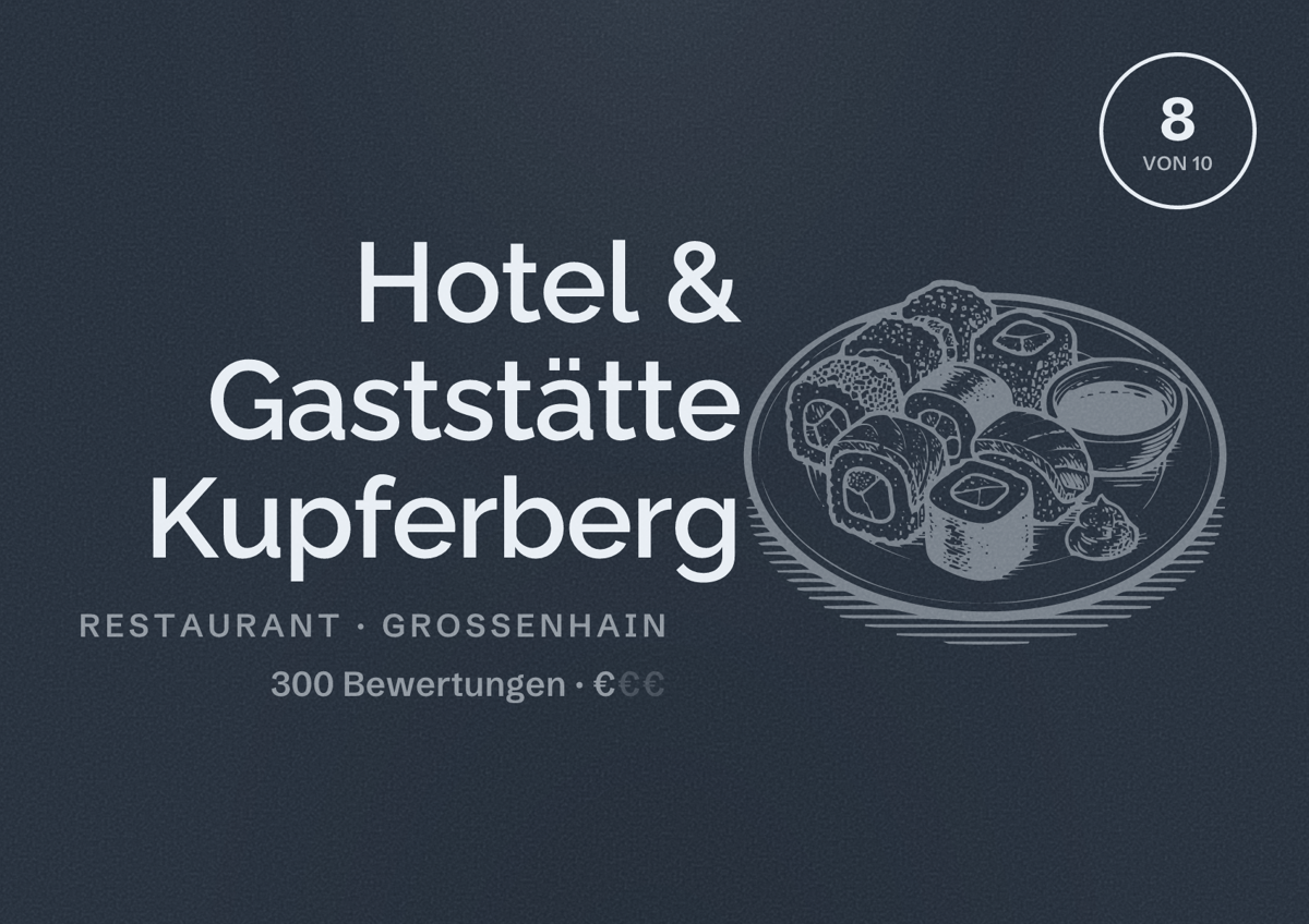 Illustriertes Poster von Hotel & Gaststätte Kupferberg, Restaurant in Großenhain: Bewertung 8 von 10 aus 300 Bewertungen, Preisniveau €