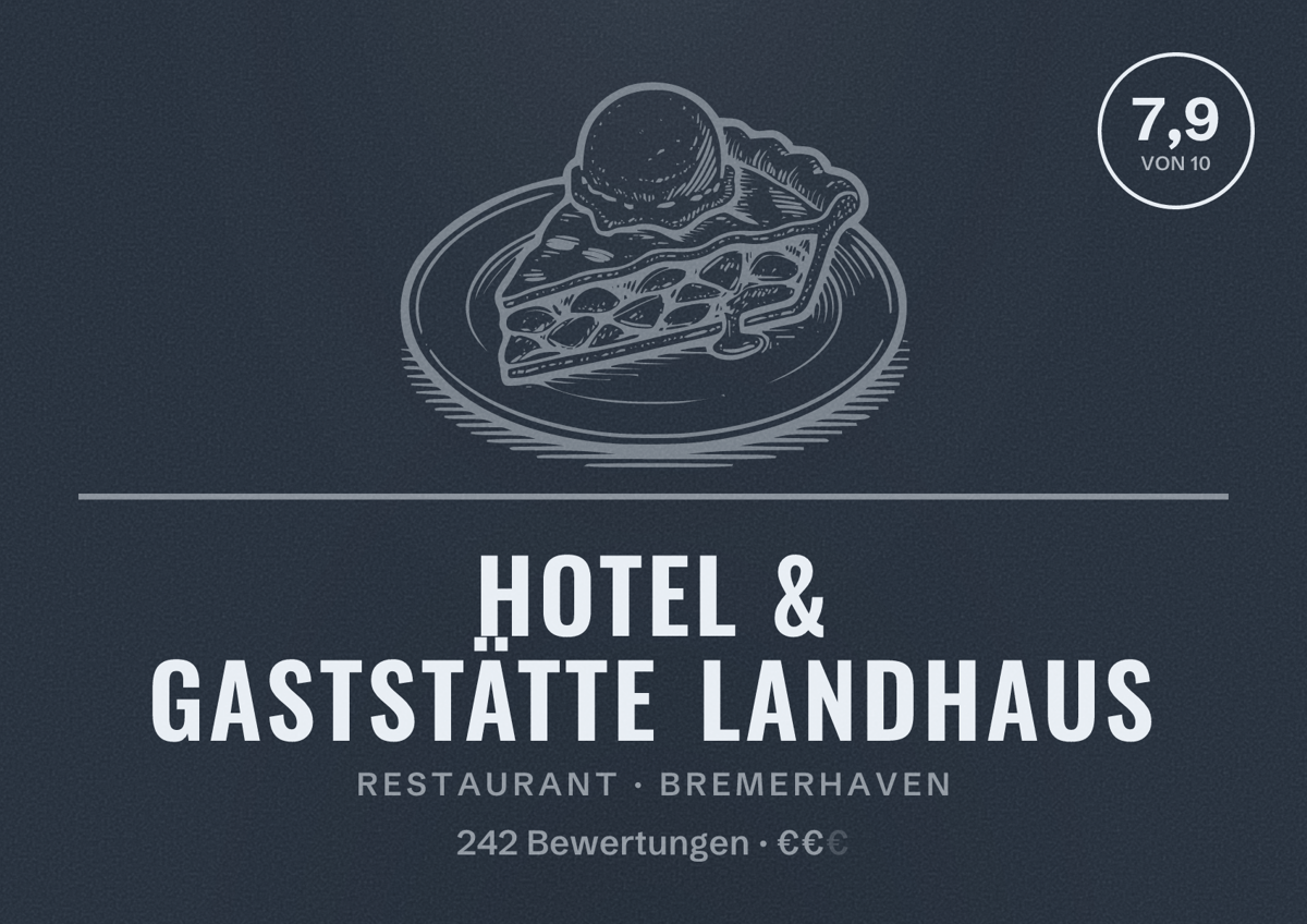 Illustriertes Poster von Hotel & Gaststätte Landhaus, Restaurant in Bremerhaven: Bewertung 7,9 von 10 aus 242 Bewertungen, Preisniveau €€