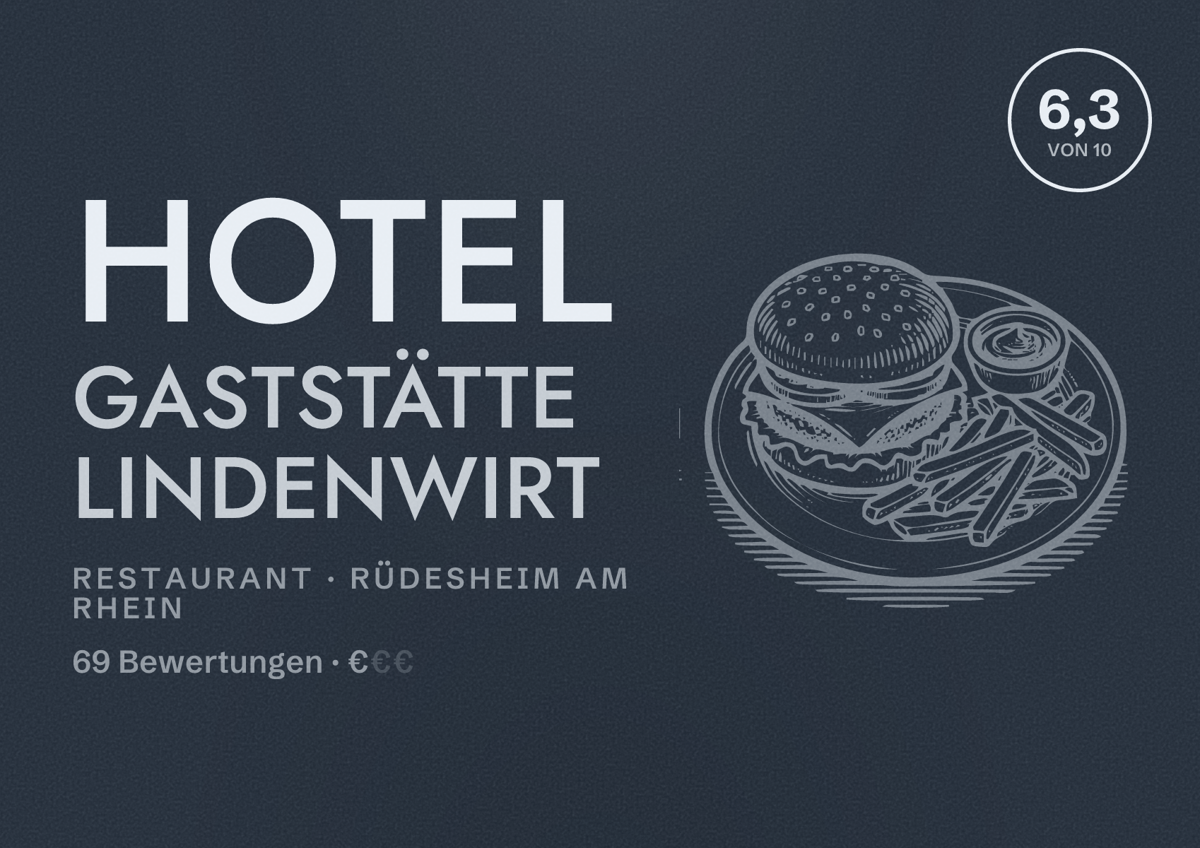 Illustriertes Poster von Hotel Gaststätte Lindenwirt, Restaurant in Rüdesheim am Rhein: Bewertung 6,3 von 10 aus 69 Bewertungen, Preisniveau €