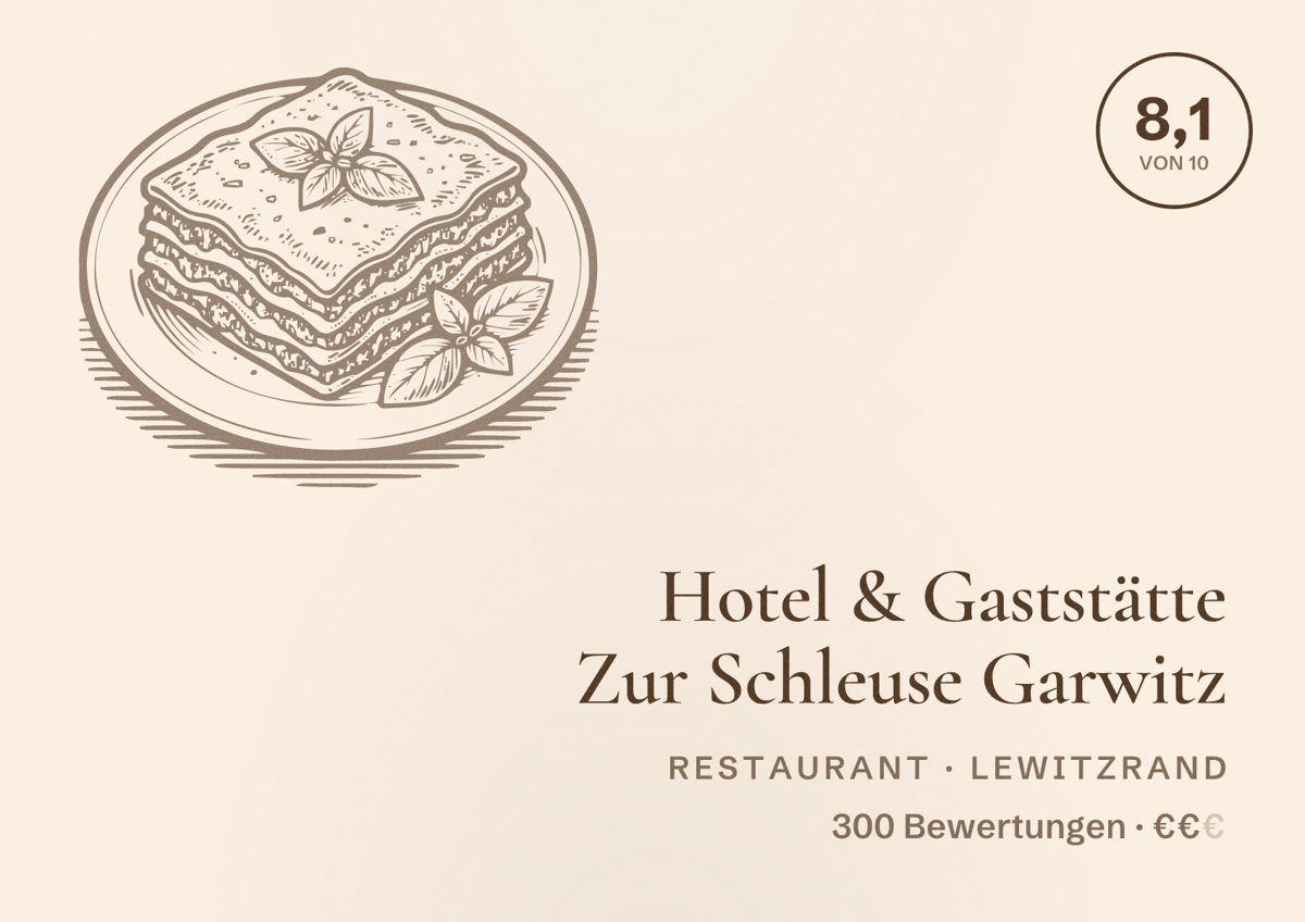 Illustriertes Poster von Hotel & Gaststätte Zur Schleuse Garwitz, Restaurant in Lewitzrand: Bewertung 8,1 von 10 aus 300 Bewertungen, Preisniveau €€