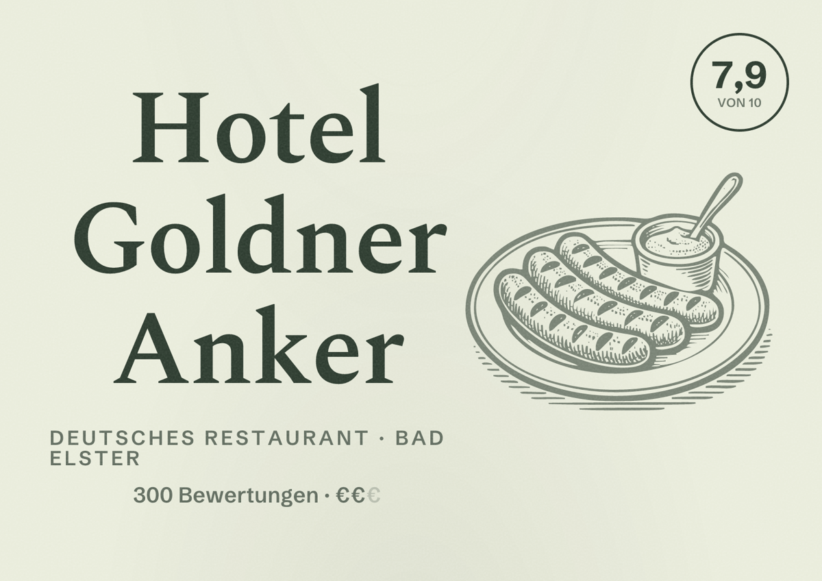 Illustriertes Poster von Hotel Goldner Anker, Deutsches Restaurant in Bad Elster: Bewertung 7,9 von 10 aus 300 Bewertungen, Preisniveau €€