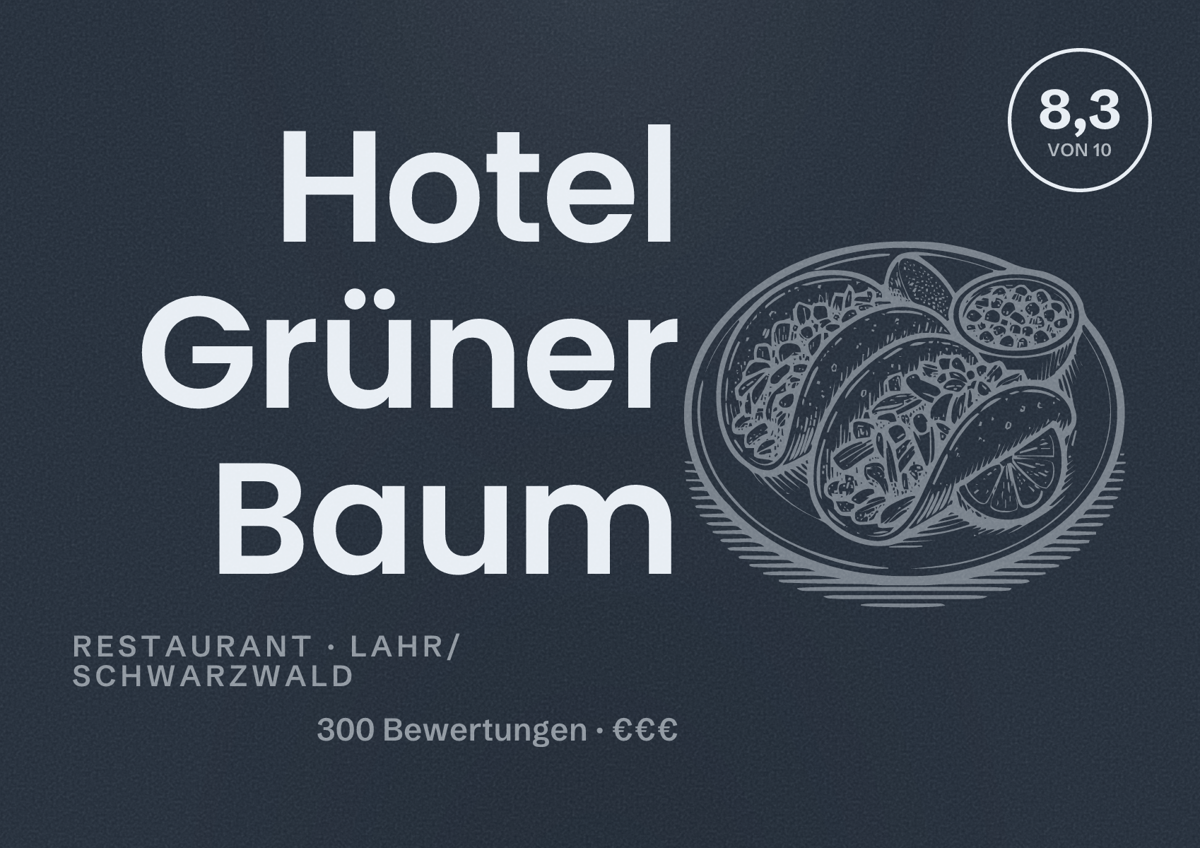 Illustriertes Poster von Hotel Grüner Baum, Restaurant in Lahr/Schwarzwald: Bewertung 8,3 von 10 aus 300 Bewertungen, Preisniveau €€€