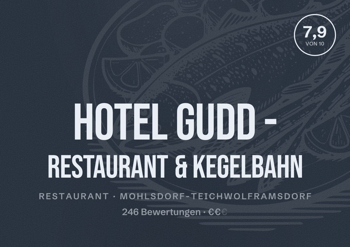 Illustriertes Poster von Hotel Gudd - Restaurant & Kegelbahn, Restaurant in Mohlsdorf-Teichwolframsdorf: Bewertung 7,9 von 10 aus 246 Bewertungen, Preisniveau €€