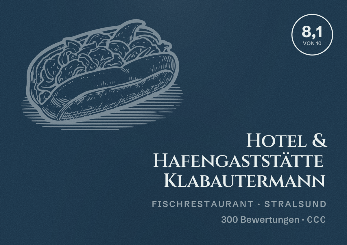 Illustriertes Poster von Hotel & Hafengaststätte Klabautermann, Fischrestaurant in Stralsund: Bewertung 8,1 von 10 aus 300 Bewertungen, Preisniveau €€€