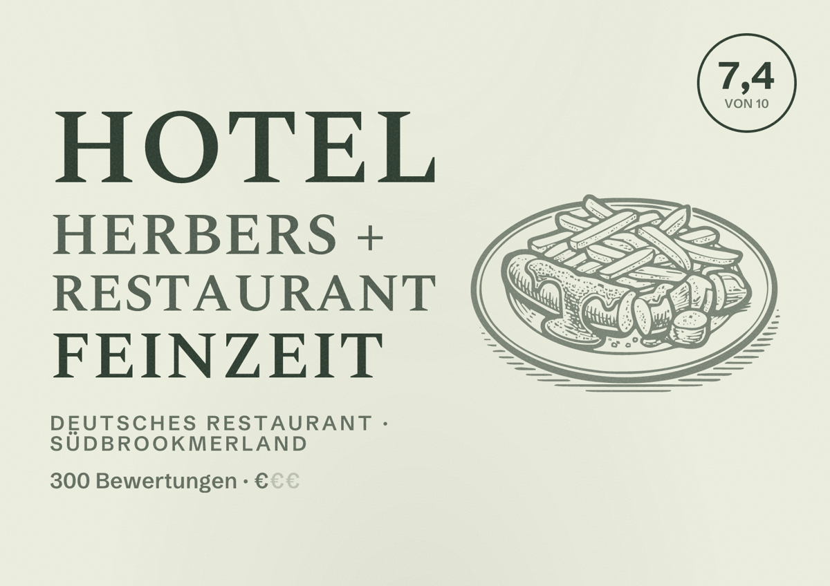 Illustriertes Poster von Hotel Herbers + Restaurant Feinzeit, Deutsches Restaurant in Südbrookmerland: Bewertung 7,4 von 10 aus 300 Bewertungen, Preisniveau €