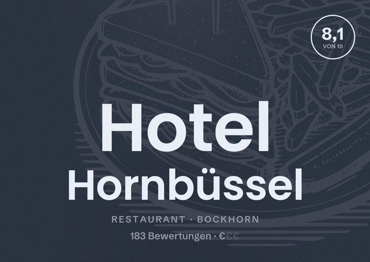 Illustriertes Poster von Hotel Hornbüssel, Restaurant in Bockhorn: Bewertung 8,1 von 10 aus 183 Bewertungen, Preisniveau €