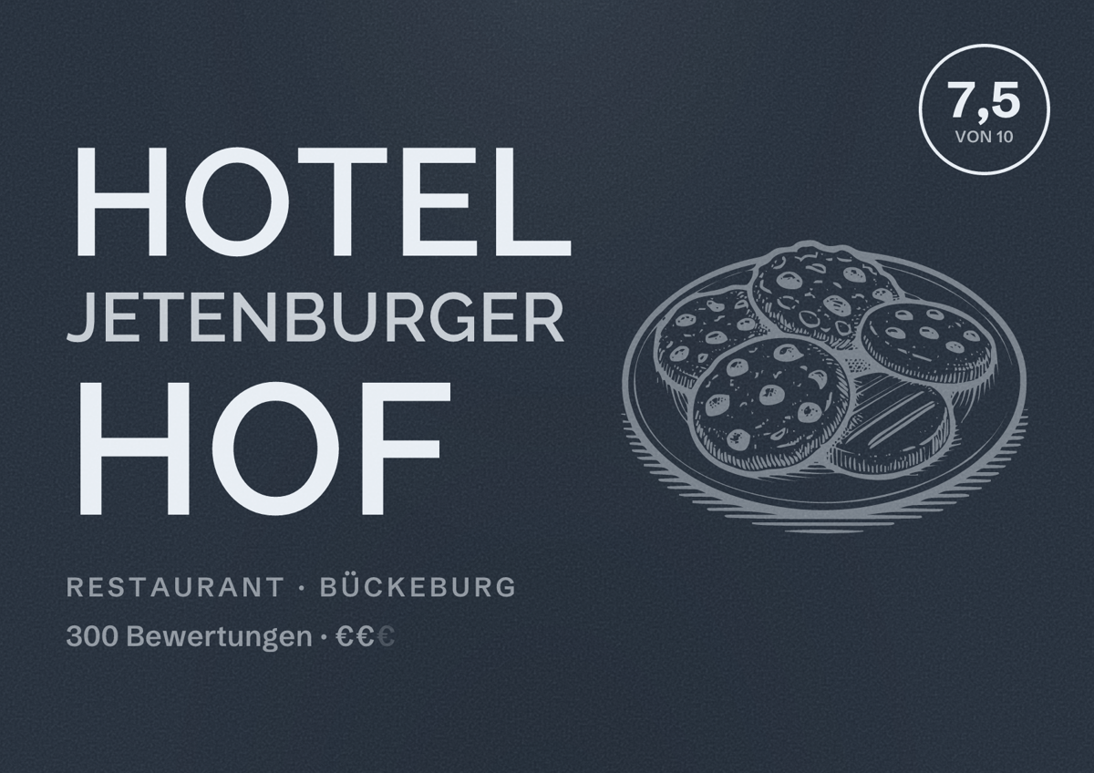 Illustriertes Poster von Hotel Jetenburger Hof, Restaurant in Bückeburg: Bewertung 7,5 von 10 aus 300 Bewertungen, Preisniveau €€