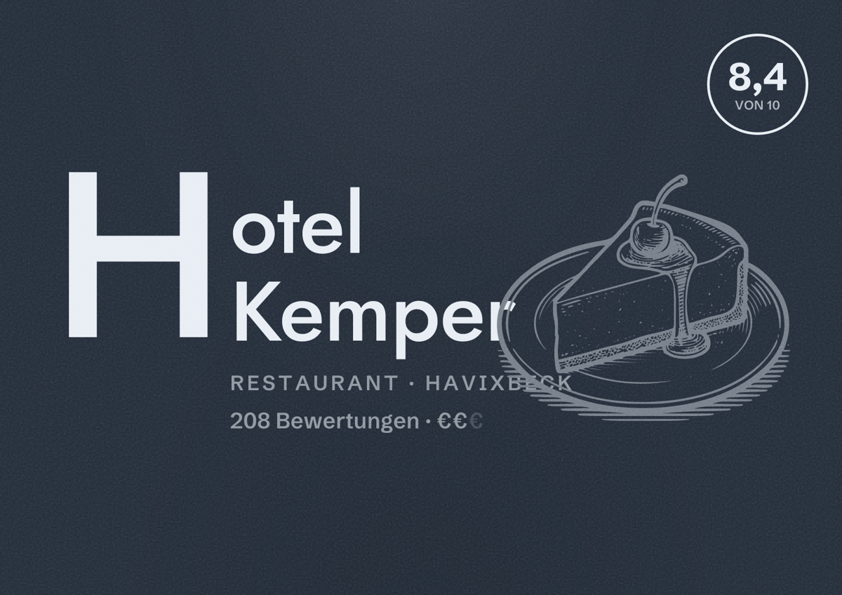 Illustriertes Poster von Hotel Kemper, Restaurant in Havixbeck: Bewertung 8,4 von 10 aus 208 Bewertungen, Preisniveau €€