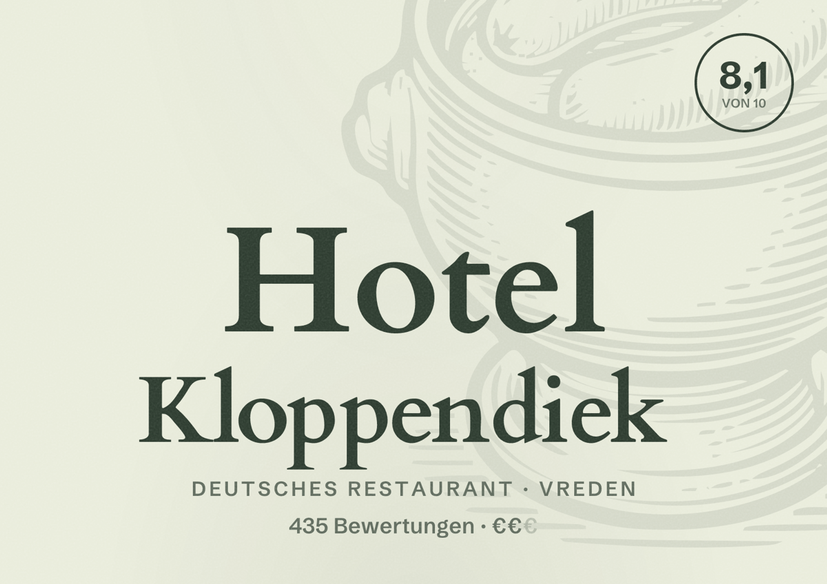 Illustriertes Poster von Hotel Kloppendiek, Deutsches Restaurant in Vreden: Bewertung 8,1 von 10 aus 435 Bewertungen, Preisniveau €€