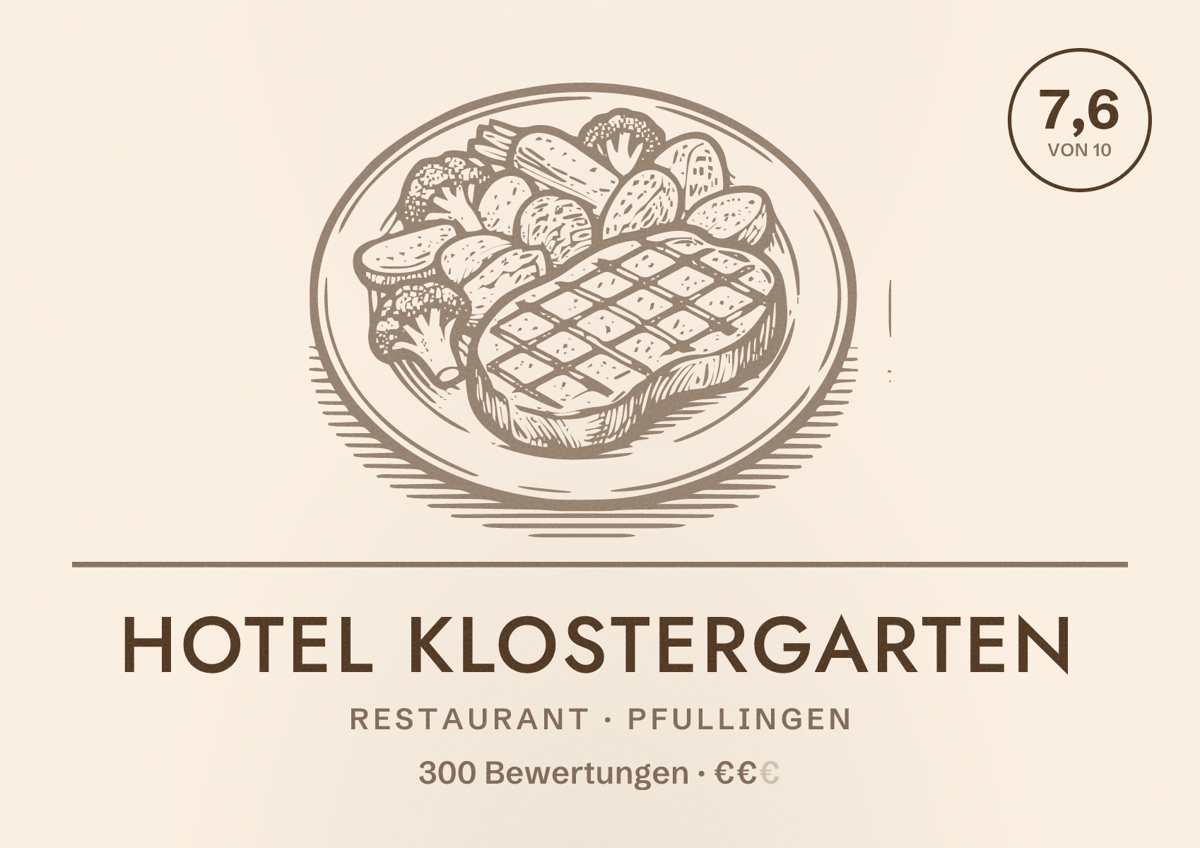 Illustriertes Poster von Hotel Klostergarten, Restaurant in Pfullingen: Bewertung 7,6 von 10 aus 300 Bewertungen, Preisniveau €€
