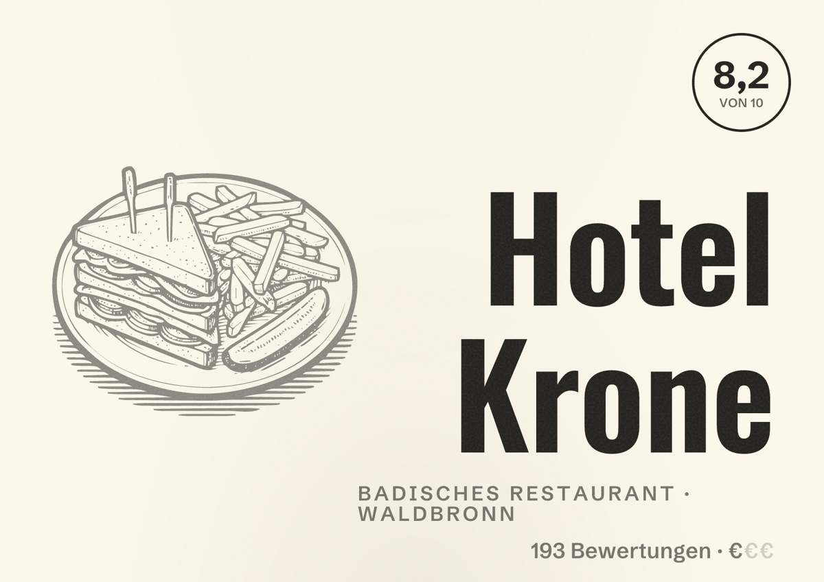 Illustriertes Poster von Hotel Krone, Badisches Restaurant in Waldbronn: Bewertung 8,2 von 10 aus 193 Bewertungen, Preisniveau €