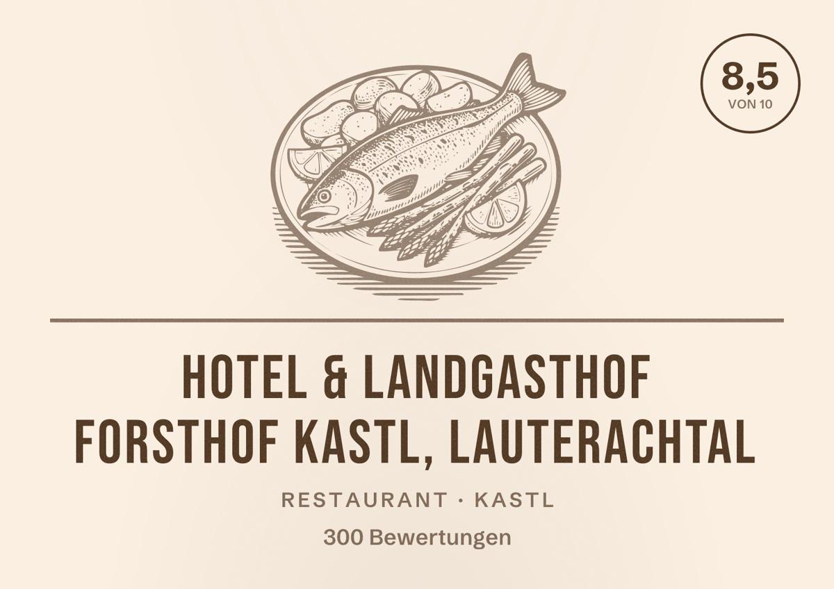 Illustriertes Poster von Hotel & Landgasthof Forsthof Kastl, Lauterachtal, Restaurant in Kastl: Bewertung 8,5 von 10 aus 300 Bewertungen