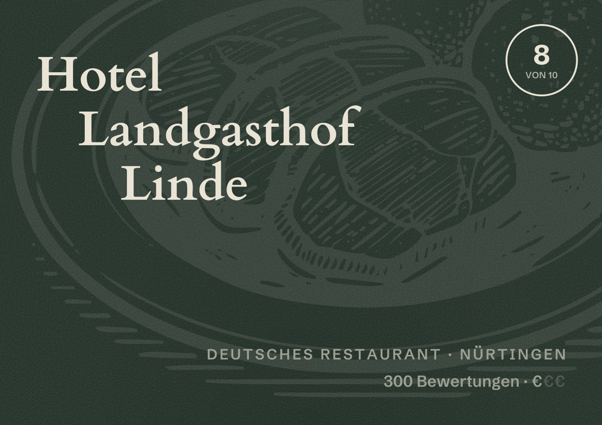 Illustriertes Poster von Hotel Landgasthof Linde, Deutsches Restaurant in Nürtingen: Bewertung 8 von 10 aus 300 Bewertungen, Preisniveau €