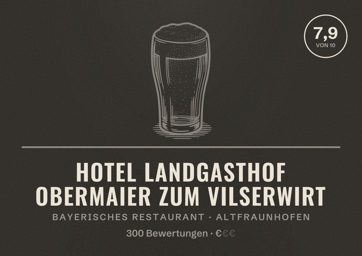 Illustriertes Poster von Hotel Landgasthof Obermaier Zum Vilserwirt, Bayerisches Restaurant in Altfraunhofen: Bewertung 7,9 von 10 aus 300 Bewertungen, Preisniveau €