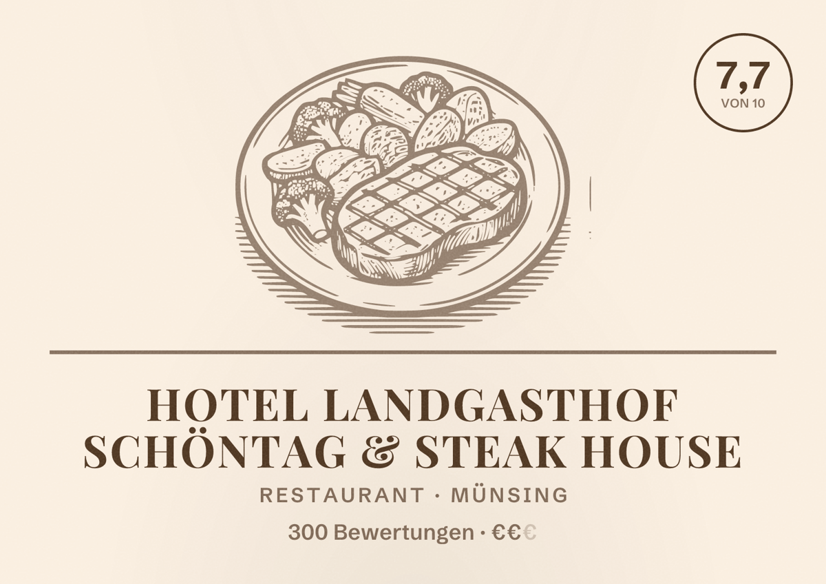 Illustriertes Poster von Hotel Landgasthof Schöntag & Steak House, Restaurant in Münsing: Bewertung 7,7 von 10 aus 300 Bewertungen, Preisniveau €€