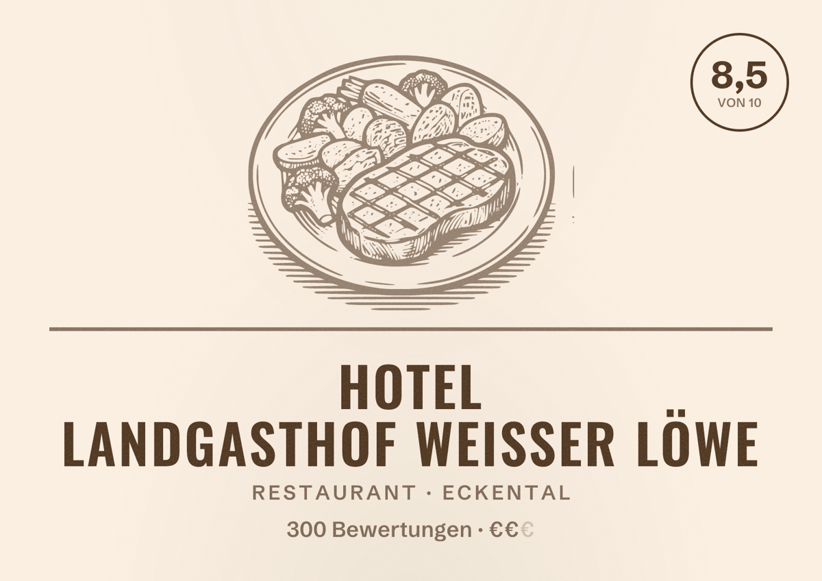 Illustriertes Poster von Hotel Landgasthof Weißer Löwe, Restaurant in Eckental: Bewertung 8,5 von 10 aus 300 Bewertungen, Preisniveau €€