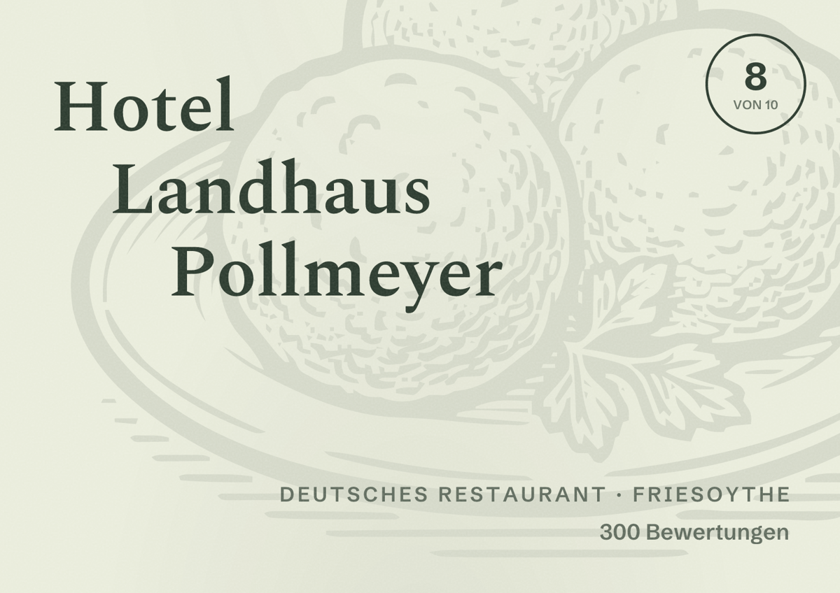 Illustriertes Poster von Hotel Landhaus Pollmeyer, Deutsches Restaurant in Friesoythe: Bewertung 8 von 10 aus 300 Bewertungen
