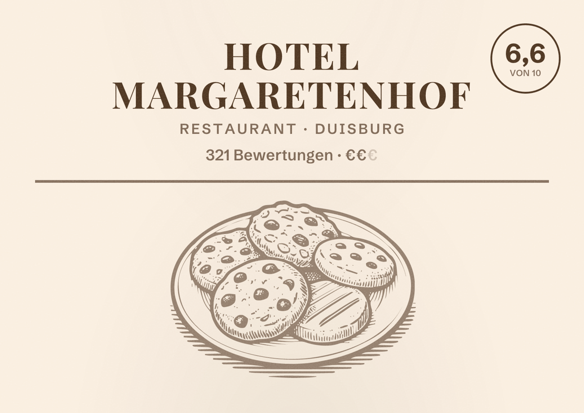 Illustriertes Poster von Hotel Margaretenhof, Restaurant in Duisburg: Gästebewertung 6,6 von 10 aus 321 Bewertungen