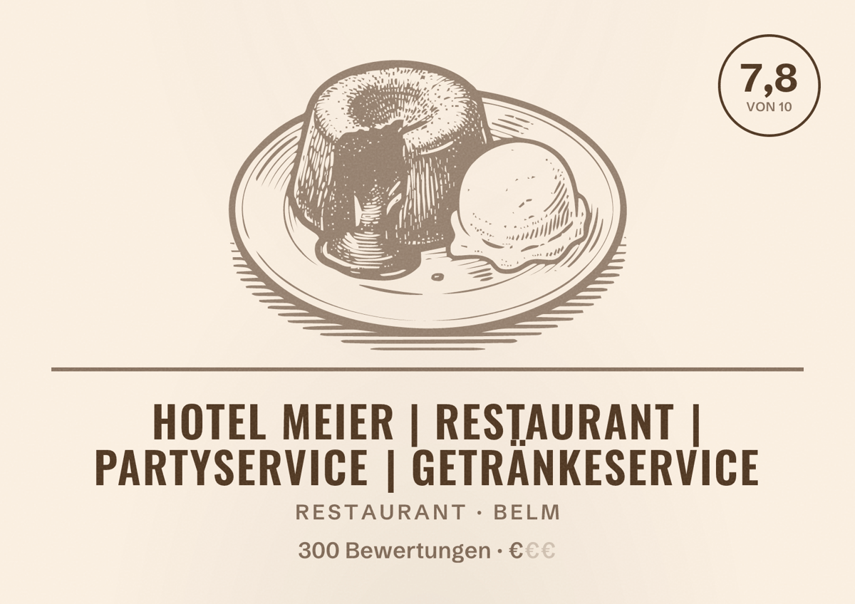 Illustriertes Poster von Hotel Meier | Restaurant | Partyservice | Getränkeservice, Restaurant in Belm: Bewertung 7,8 von 10 aus 300 Bewertungen, Preisniveau €