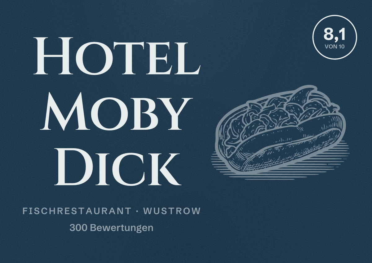 Illustriertes Poster von Hotel Moby Dick, Fischrestaurant in Wustrow: Bewertung 8,1 von 10 aus 300 Bewertungen