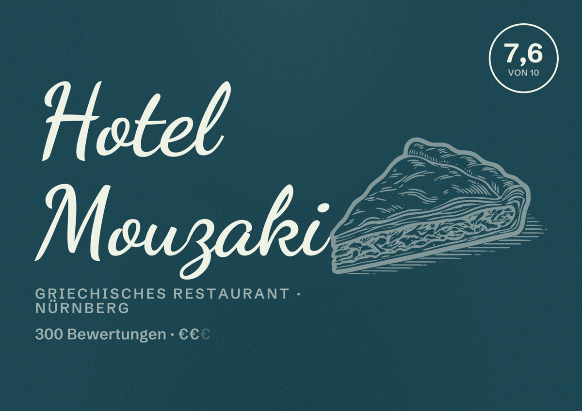 Illustriertes Poster von Hotel Mouzaki, Griechisches Restaurant in Nürnberg: Bewertung 7,6 von 10 aus 300 Bewertungen, Preisniveau €€