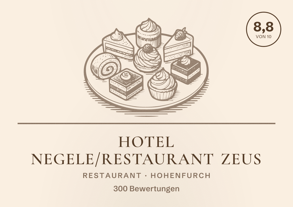 Illustriertes Poster von Hotel Negele/Restaurant Zeus, Restaurant in Hohenfurch: Bewertung 8,8 von 10 aus 300 Bewertungen