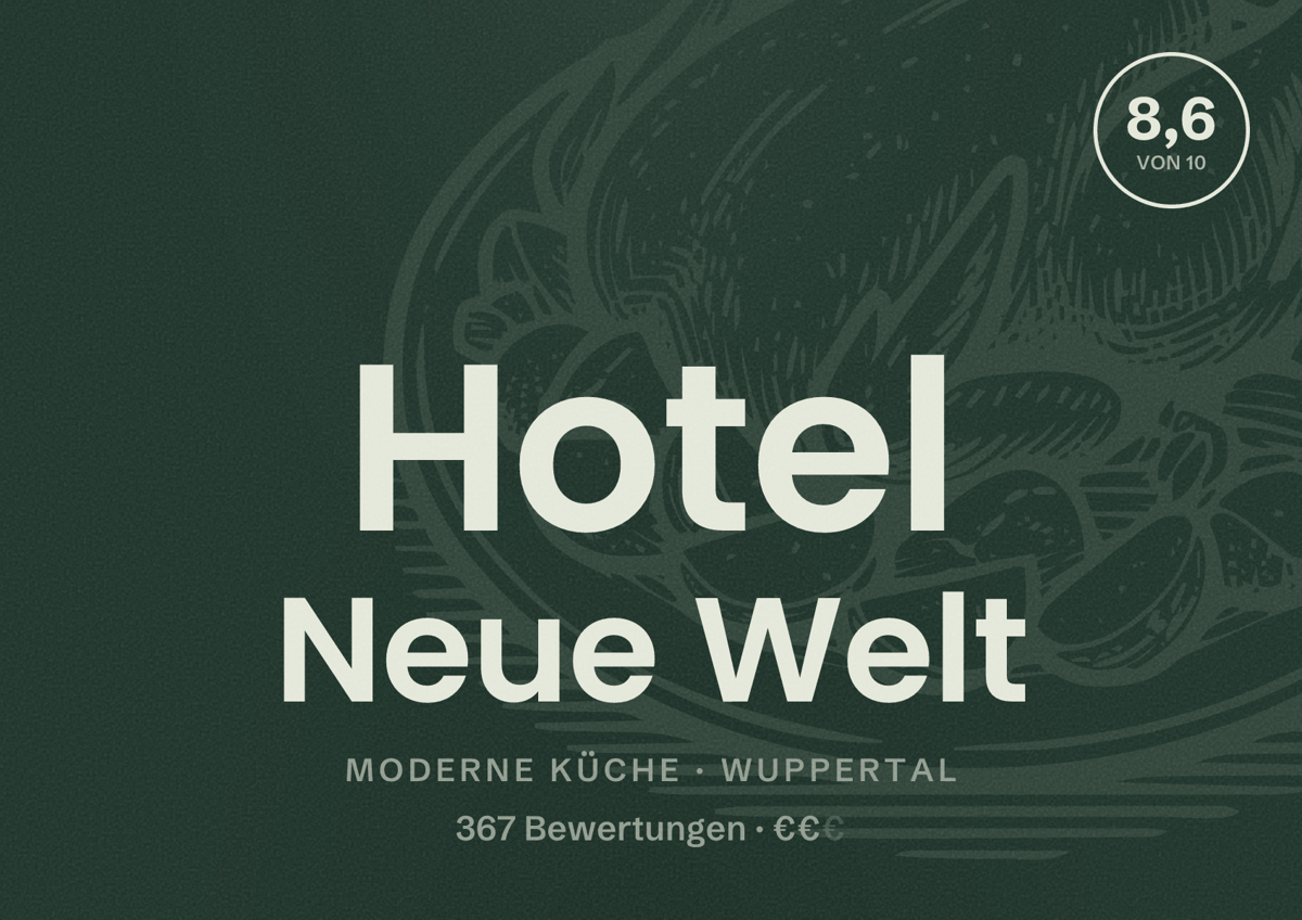 Illustriertes Poster von Hotel Neue Welt, Moderne Küche in Wuppertal: Bewertung 8,6 von 10 aus 367 Bewertungen, Preisniveau €€